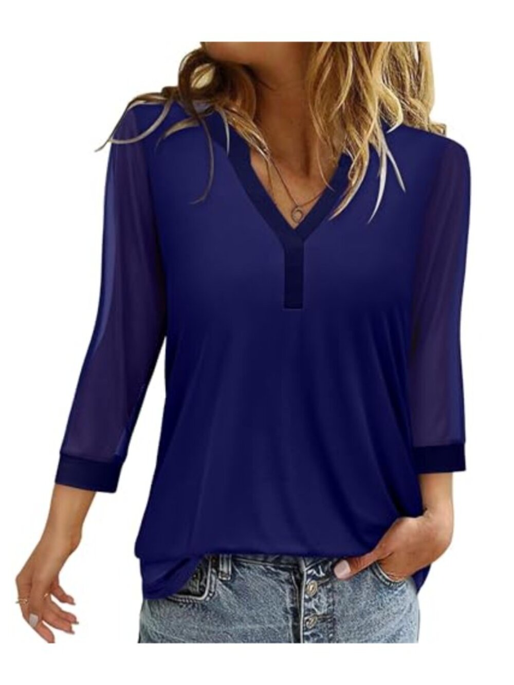 Women's 3/4 Sleeve V-Neck Blouse Double Layer Mesh Ruffle Tunic Top